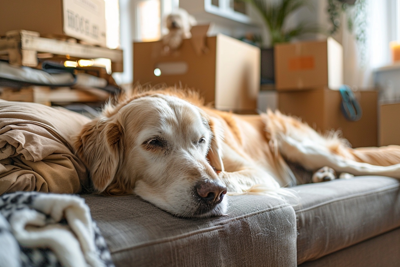 Vieux chien profitant calmement de son nouveau foyer à Metz après un déménagement apaisant
